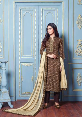 Enhance Your Personality Wearing This Designer Semi-Stitched Straight Suit In Brown Color Paired with Beige Colored Dupatta. Its Top And Bottom Are Fabricated On Cotton satin Paired With Chiffon Dupatta. It Has Printed Top With Embroidered Dupatta. 