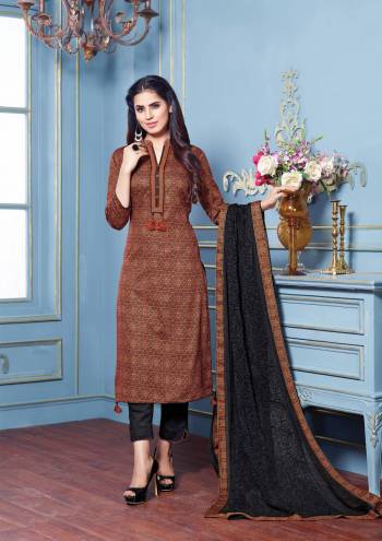 Add This Lovely Designer Semi-Stitched Suit to Your Wardrobe In Brown Colored Top Paired With Black Colored Bottom And Dupatta. Its Top And Bottom Are Fabricated On Cotton Satin Paired With Chiffon Dupatta. All Its Fabrics Ensures Superb Comfort All Day Long.