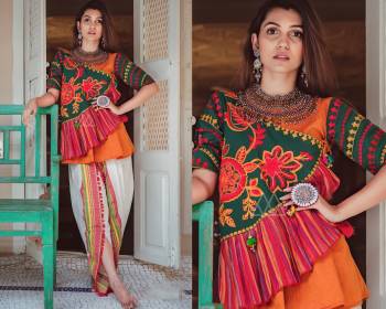 For A Proper Traditional Look With Traditional Colors, Grab This Designer Pair Of Kedias For Women In Orange And Green Colored Top Paired With Off-White Colored Dhoti. Its Top and Bottom are Khadi Based Fabric Beautified With Thread Work And Lace Border. Buy Now.