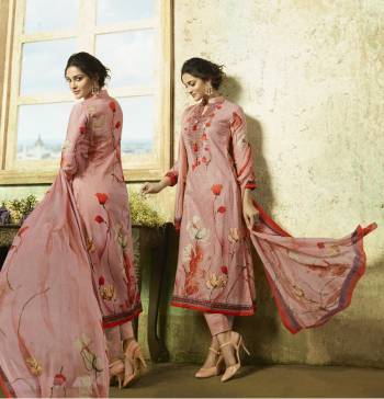 Look Pretty Wearing This Designer Semi-Stitched Straight Suit In Light Pink Color Paired With Light Pink Colored Bottom And Dupatta. Its Top And Bottom Are Cambric Cotton Fabricated Paired With Chiffon Dupatta. It Is Beautified With Prints And Thread Work. 