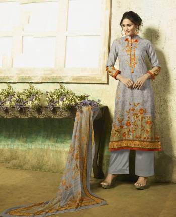 Flaunt Your Rich And elegant Taste Wearing This Designer Suit In Grey Colored Top Paired With Grey Colored Bottom And Grey Dupatta. Its Top And Bottom Are Fabricated On Cambric Cotton Paired With Chiffon Dupatta. Buy This Semi-Stitched Suit Now.