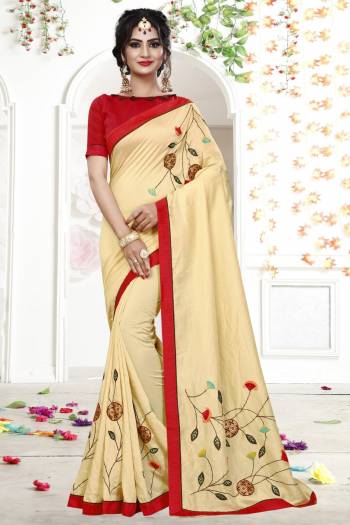 Shine Bright Wearing This Designer Saree In Beige Color Paired With Contrasting Red Colored Blouse. This Saree Is Fancy Georgette Based Fabric Paired With Art Silk Fabricated Blouse. Its Pretty Elegant Embroidery Will Earn You Lots Of Compliments From Onlookers.