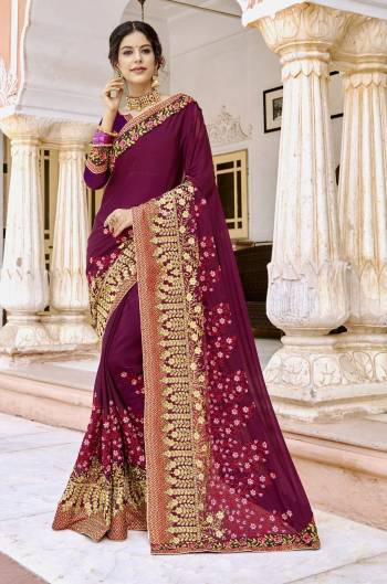Celebrate This Festive Season Wearing This Designer Saree In Magenta Pink Color Paired With Magenta Pink Colored Blouse. This Saree Is Georgette Based Fabric Paired With Art Silk Fabricated Blouse. It Is Beautified with Jari And Thread Embroidery With Stone Work.