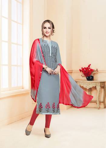 Flaunt Your Rich And Elegant Taste Wearing This Straight Suit In Grey Colored Top Paired With Red Colored Bottom And Red And Grey Dupatta. Its Top And Bottom Are Fabricated On Cotton Paired With Chiffon Dupatta. Buy This Dress Material And Get This Stitched As Per Your Desired Fit And Comfort. 