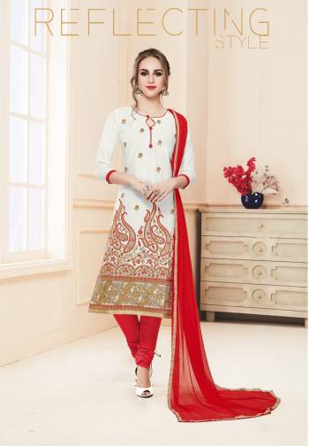 Simple And Elegant Looking Designer Suit Is Here In White Colored Paired With Red Colored Bottom And dupatta. Its Top And Bottom Are Fabricated On Cotton Paired With Chiffon Dupatta. This Dress Material Is Beautified with Embroidery Over The Panel.