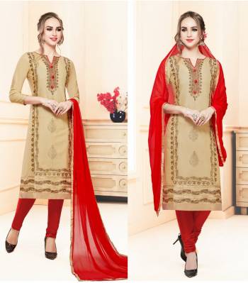 Here Is a Very Pretty Dress Material In Beige Colored top Paired With Red Colored Bottom And Dupatta. Its Top And Bottom Are Cotton Based Paired with Chiffon Dupatta. Get This Stitched As Per Your Desired Fit And Comfort.