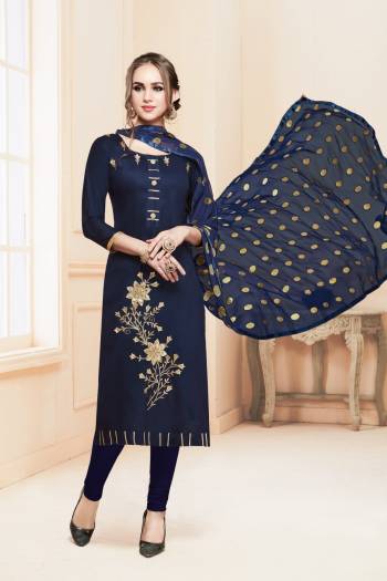 Enhance Your Personality Wearing This Designer Dress Material In Navy Blue Color Paired With Navy Blue Colored Bottom And Dupatta. Its Top And Bottom Are Fabricated On Cotton Paired With Chiffon Dupatta. Buy This Now.