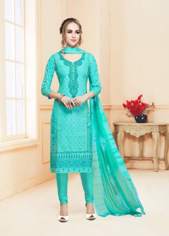 A Very Pretty Shade In Blue Is Here With This Dress Material In Aqua Blue Color Paired With Aqua Blue Colored Bottom And Dupatta. Its Top And Bottom Are Cotton Based Paired With Chiffon Dupatta. All Its Fabrics Ensures Superb Comfort All Day Long.