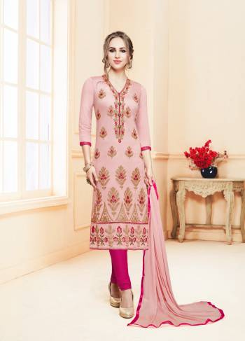 Look Prettiest Of All With This Dress Material In Light Pink Color Paired With Dark Pink Colored Bottom And Light Pink Colored Dupatta. Its Top And Bottom Are Cotton Based Paired With Chiffon Dupatta. It Is Beautified With Attractive Resham Embroidery. Buy Now.