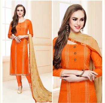 Elegant And Attractive looking Suit Is Here In Orange Color Paired With Orange Colored Bottom And Beige Colored Dupatta. Its Top And Bottom Are Cotton Based Fabric Paired with Chiffon Dupatta. Buy Now.