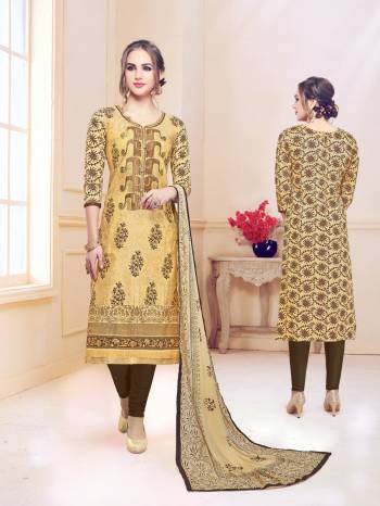 For Your Casual Wear, Grab This Dress Material In Beige Color And Get This Stitched As Per Your Desired Fit And Comfort. Its Top And Bottom Are Cotton Based Fabric Paired With Chiffon Dupatta.