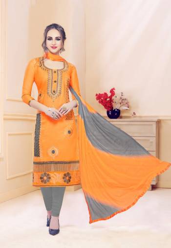 Celebrate This Festive Season With Beauty And Comfort Wearing This Suit In Orange Colored Top Paired With Contrasting Grey Colored Bottom And Shaded Orange & Grey Dupatta. This Dress Material Is Cotton Based Paired With Chiffon Dupatta. Buy Now.