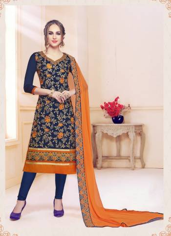 Enhance Your Beauty Wearing This Straight Suit In Navy Blue Color Paired With Contrasting Orange Colored Dupatta. Its Top And Bottom Are Cotton Based Paired With Chiffon Dupatta. Buy This Dress Material Now.