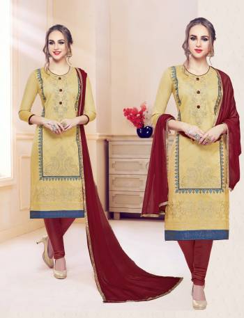 For Your Casual Wear, Grab This Dress Material In Beige Color Paired With Maroon Colored Bottom And Dupatta, Get This Stitched As Per Your Desired Fit And Comfort. Its Top And Bottom Are Cotton Based Fabric Paired With Chiffon Dupatta.