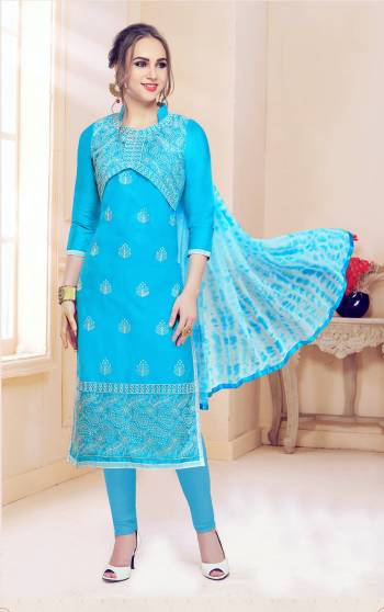 Look Pretty Wearing This Designer Straight Suit In Sky Blue color Paired With Sky Blue Colored Bottom And Dupatta. Its Top And Bottom Are Fabricated On Cotton Paired With Chiffon Dupatta. Buy This Dress Material Now.