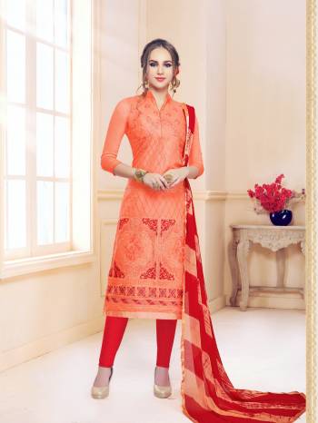 Orange And Red Color Induces Perfect Summery Appeal To Any Outfit, So Grab This Dress Material In Orange Colored Top Paired With Contrasting Red Colored Bottom And Dupatta. This Dress Is Fabricated On Cotton Paired With Chiffon Dupatta. 