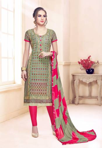 Celebrate This Festive Season With Beauty And Comfort Wearing This Suit In Mint Green Colored Top Paired With Contrasting Dark Pink Colored Bottom And Shaded Mint Green And Dark Pink Dupatta. This Dress Material Is Cotton Based Paired With Chiffon Dupatta. Buy Now.