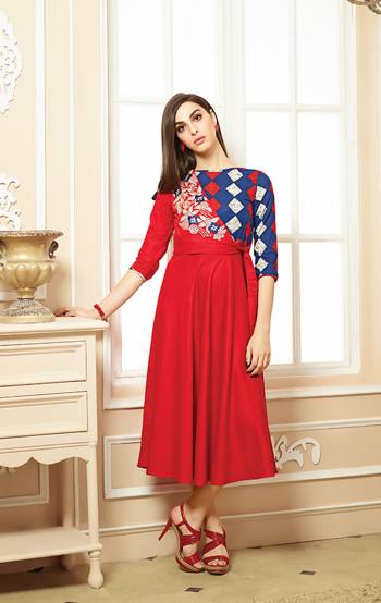 Adorn The Pretty Angelic Look, Wearing This Designer Readymade Kurti In Red Color Fabricated On Cotton Beautified With Prints And Thread Work. Buy Now.