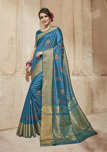 Here Is A Beautiful Designer Saree For The Upcoming Festive Season In Blue Color Paired With Blue Colored Blouse. This Saree And Blouse Are Cotton Silk Based Fabric Beautified With Thread Work.