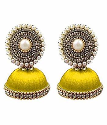 Grab This Beautiful And Attractive Pair Of Earrings In Jhumka Style Which Is Made By Silk Thread Beautified With Stone Work. This Pretty Can Be Paired With Simple Kurti Or Even With Heavy Dress In Same Or Contrasting Color, Buy This Lovely Set Of Earrings Now.