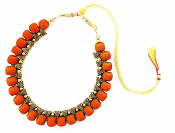 For A Rich And Elegant Look For Your Neckline, Grab This Very Pretty Necklace To Pair Up With Any Type Of Attire. This Necklace Set Can Also Pe Paired With Same Or Any Contrasting Colored Dress. It Has Silk Thread Balls And Moti Work All Over. Buy This Now Before The Stock Ends.