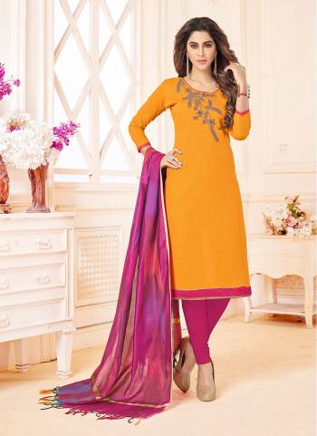 Celebrate This Festive Season With Beauty And Comfort With This Attractive Looking Dress Material In Yellow Colored Top Paired With Contrasting Dark Pink Colored Bottom And Dupatta. Its Top IS Fabricated On Cotton Slub Paired With Cotton Bottom And Banarasi Dupatta. Buy This Now.