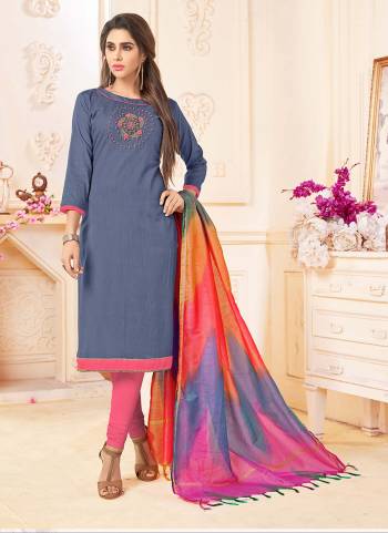 Flaunt Your Rich And Elegant Taste With this Dress Material In Dark Grey Color Paired With Contrasting Pink Colored Bottom And Multi Colored Dupatta. Its Top Is Fabricated On Cotton Slub Paired With Cotton Bottom And Banarasi Dupatta. It Has Pretty Attractive HAnd Work Over Its Top. 