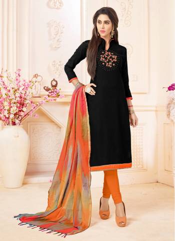 For A Bold and Beautiful Look, Grab This Dress Material In Black Colored Top Paired With Orange Colored Bottom And Dupatta. Its Top Is Cotton Slub Fabricated Paired With Cotton Bottom And Banarasi Dupatta. It Has Attractive Hand Work Over The Front Top.