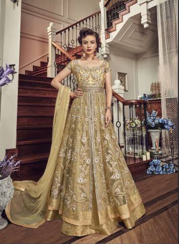 Grab This Beautiful Designer Indo Western Suit In Beige Color Paired With Beige Colored Bottom And Dupatta. Its Top And Dupatta Are Fabricated On Net Paired With Jacquard Silk Fabricated Lehenga. Buy Now.