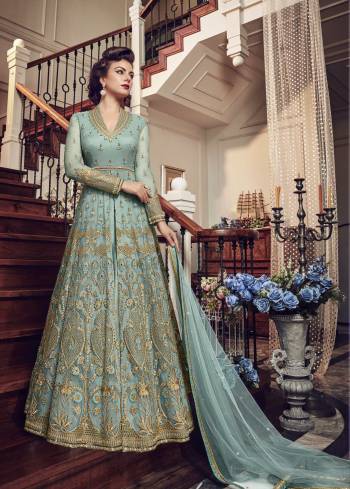 Very Pretty Looking Designer Indo-Western Suit Is Here In Light Blue Color Paired With Light Blue Colored Pant and Lehenga With Light Blue Dupatta. Its Top And Dupatta Are Net Fabricated Paired With Art Silk Pant And Lehenga. Buy This Designer Piece Now And Wear As Per The Occasion Pairing It With Pants Or Lehenga.