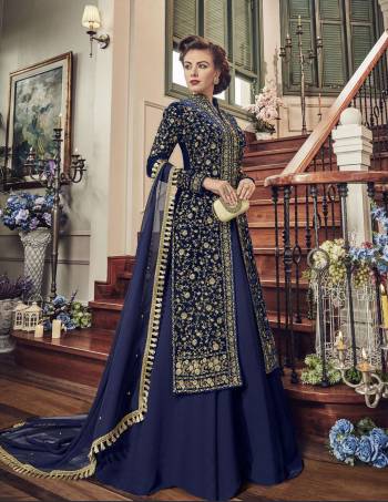 Enhance Your Personality Wearing This Heavy Designer Indo-Western Suit In Navy Blue Color Paired With Navy Blue Colored Bottom And Dupatta. Its Top IS Fabricated On Velvet Paired With Georgette Bottom And Chiffon Dupatta. Buy This Now.