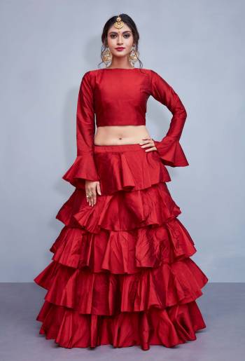 Adorn The Pretty Angelic Look With This Frill Patterned Designer Readymade Lehenga Choli In Red Color. This Lehenga Choli IS Art Silk based Fabric With No Dupatta. Buy This Now.