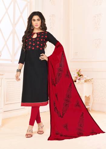 For A Bold And Beautiful Look, Grab This Dress Material In Black Colored Top Paired With Red Colored Bottom And Dupatta. Its Top Is Fabricated On Cotton Slub Paired With Cotton Bottom And Chiffon Dupatta. It Has Contrasting Thread Work Over It Top And Dupatta. 