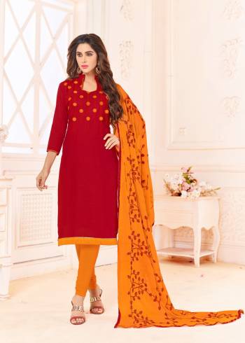 Red Color Induces Perfect Summery Appeal To Any Outfit, So Grab This Dress Material In Red Color Paired With Contrasting Musturd Yellow Colored Bottom And Dupatta. Its Top Is Cotton Slub Based Paired With Cotton Bottom And Chiffon Dupatta. Buy Now.