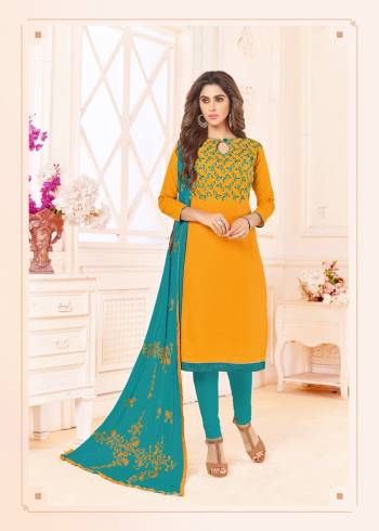 Attractive Combination Is Here With This Dress Material In Musturd Yellow Colored Top Paired With Contrasting Turquoise Blue Colored Bottom And Dupatta. Its Top Is Fabricated On Cotton Slub Paired With Cotton Bottom And Chiffon Dupatta. 