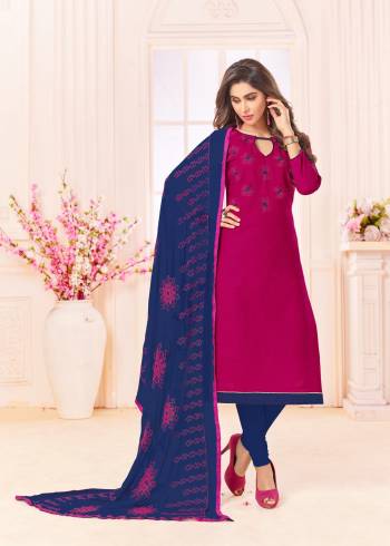 For Your Casual Or Semi-Casual Wear, Grab This Dress Material In Magenta Pink Colored Top Paired With Contrasting Navy Blue Colored Bottom And Dupatta. Its Top And Bottom Are Cotton Based Paired With Chiffon Dupatta. Get This Stitched As Per Your Desired Fit And Comfort.