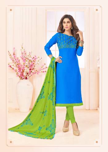 If Those Readymade Suit Does Not Lend You The Desired Comfort, Than Grab This Dress Material In Blue Color Paired With Contrasting Green Colored Bottom And Dupatta. Get This Stitched As Per Your Desired Fit And Comfort. Buy Now.