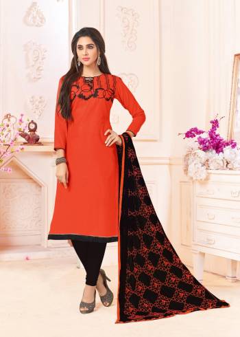 Beat The Heat This Summer With This Straight Suit In Orange Colored Top Paired With Black Colored Bottom And Dupatta. This Dress Material Is Cotton Based Paired With Chiffon Dupatta. Buy This Now.