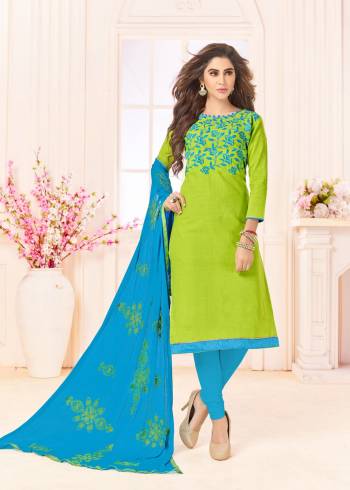 Add This Dress Material To Your Wardrobe And Get This Stitched As Per Your Desired Fit And Comfort. Its Top Is In Green Color Paired With Contrasting Turquoise Blue Colored Bottom And Dupatta. Buy Now.