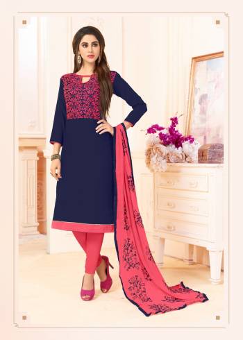 Enhance Your Personality Wearing This Designer Dress Material In Navy Blue Color Paired With Contrasting Pink Colored Bottom And Dupatta. Its Top And Bottom Are Cotton Based Paired With Chiffon Dupatta. Buy Now.