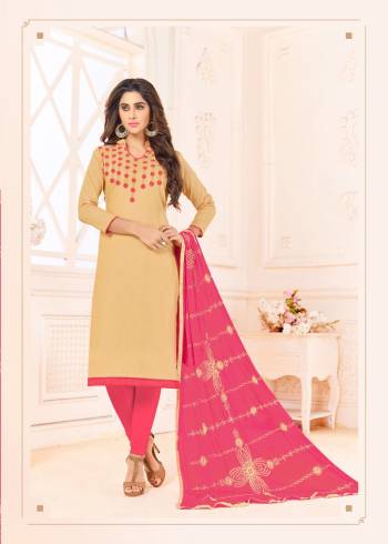 Add Some Casuals With This Dress Material In Beige Color Paired With Pink Colored Bottom And Dupatta. Its Top Is Fabricated On Cotton Slub Paired With Cotton Bottom And Chiffon Dupatta. It Is Beautified With Contrasting Thread Work Over Its Top And Dupatta.