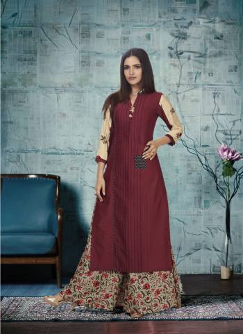 Add This Beautiful Pair To Your Wardrobe In Maroon Colored Top Paired With Cream Colored Plazzo. This Kurti Is Cotton Chanderi Based Fabric Paired With Cream Colored Tussar Silk Printed Plazzo.