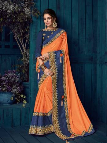 Presenting this orange color bright georgette saree. Ideal for party, festive & social gatherings. this gorgeous saree featuring a beautiful mix of designs. Its attractive color and designer heavy embroidered design, Flower patch design, zari resham work, stone design, beautiful floral design work over the attire & contrast hemline adds to the look. Comes along with a contrast unstitched blouse.