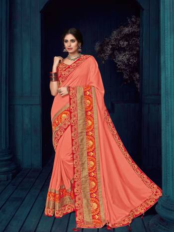 Attractively Gorgeous mesmerizing is what you will look at the next wedding gala wearing this beautiful peach color silk saree. Ideal for party, festive & social gatherings. this gorgeous saree featuring a beautiful mix of designs. Its attractive color and designer heavy embroidered design, Flower patch design, stone design, beautiful floral design work over the attire & contrast hemline adds to the look. Comes along with a contrast unstitched blouse.