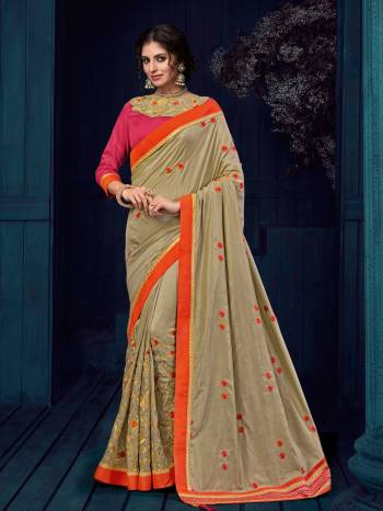 You Look elegant and stylish this festive season by draping this beige color two tone silk saree. Ideal for party, festive & social gatherings. this gorgeous saree featuring a beautiful mix of designs. Its attractive color and designer heavy embroidered design, Flower patch design, zari work reshan, stone design, beautiful floral design work over the attire & contrast hemline adds to the look. Comes along with a contrast unstitched blouse.