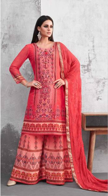 Grab This Beautiful Plazzo Suit For This Festive Season In Red Color. Its Top And Bottom Are Fabricated On Georgette Paired With Chiffon Dupatta. It Is Beautified With Prints And Thread Work. Buy Now.