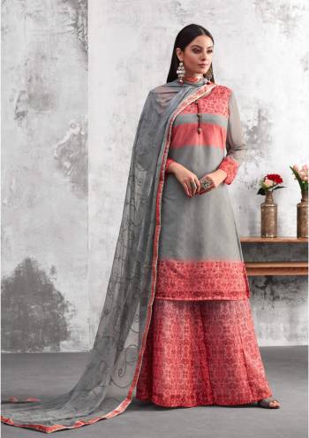 Flaunt Your Rich and Elegant Taste Wearing This Designer Plazzo Suit In Grey Colored Top Paired With Light Red Colored Bottom And Grey Dupatta. Its Top and Bottom Are Fabricated On Georgette Paired With Chiffon Dupatta. 