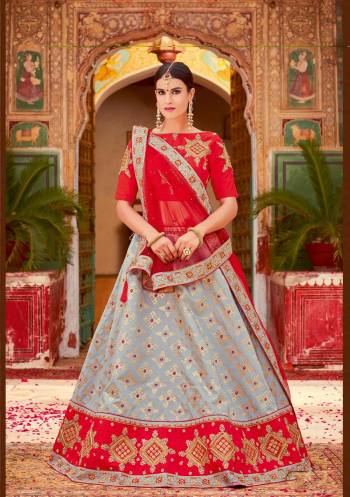 Illustrate a tale of a ?Modern Maharani? , in this unconventional pair of grey and red  weaves adorned with embroidered charm. 