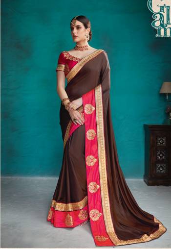 Here Is Designer Saree Which Gives A Bold And Beautiful Look To Your Personality, Grab This Designer Saree In Brown Color Paired With Contrasting Red colored Blouse. This Saree And Blouse are Silk Based Beautified With Jari Embroidery And Stone Work.