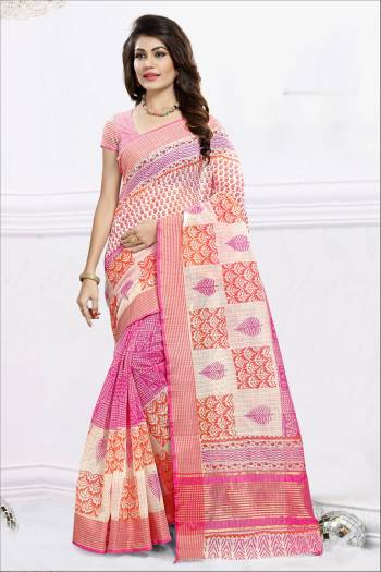 Look Pretty Wearing This Lovely Saree In Pink And White Color Paired With Pink And White Colored Blouse. This Saree And Blouse Are Fabricated On Cotton Beautified With Prints. Its Fabric Ensures Superb Comfort All Day Long. 